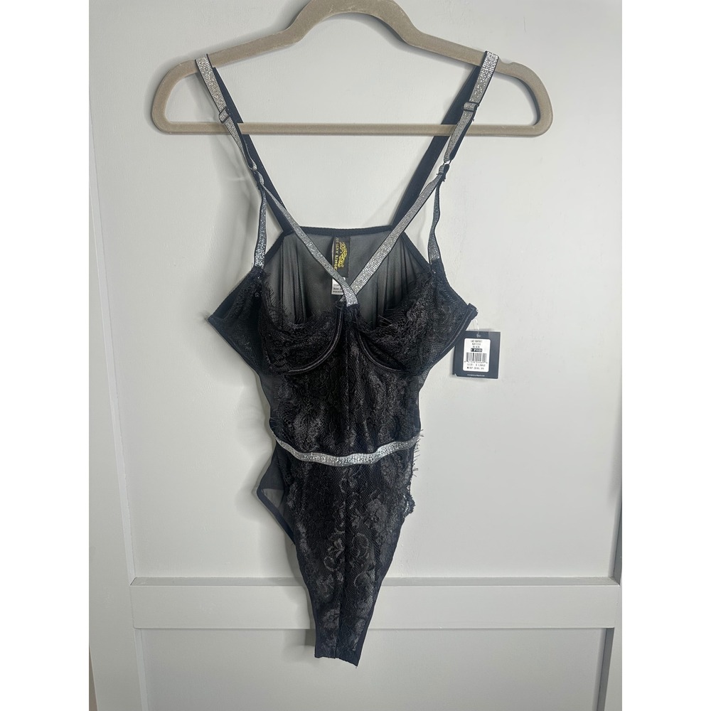 Just Sexy Lingerie Black Lace Bodysuit KAT230 Silver Sparkle Straps XL‎ NWT